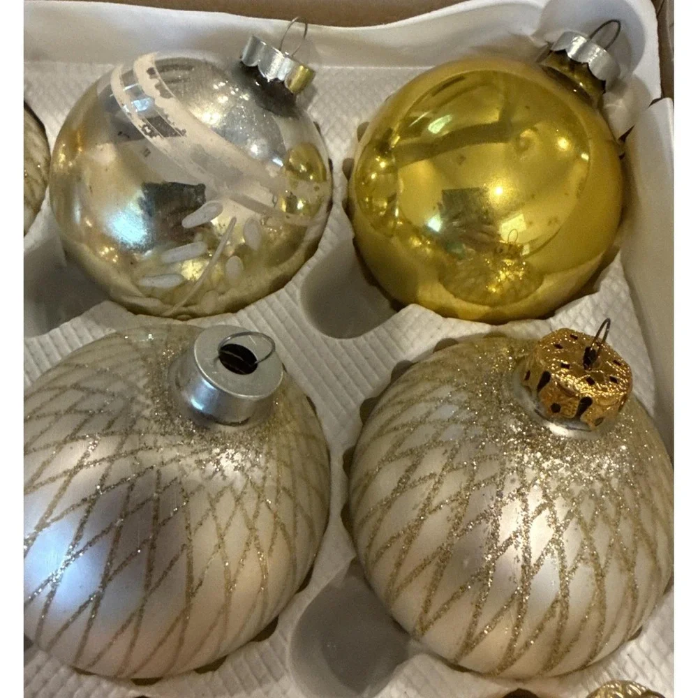 Vintage Gold Glittery Glass Ball‎ Christmas Ornaments Variety Set Of 16 USA